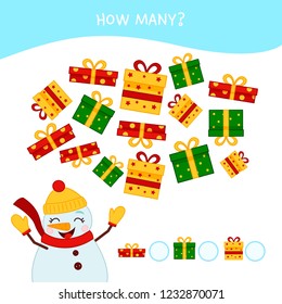 Counting educational children game, math kids activity sheet. How many objects task. Cartoon snowman. Christmas collection.