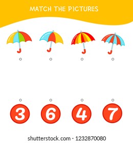 Counting educational children game, math kids activity sheet. How many objects task. Cartoon umbrella.