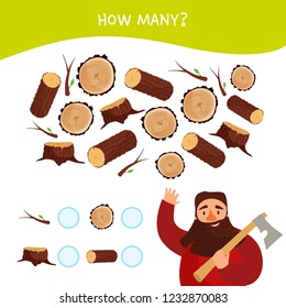 Counting educational children game, math kids activity sheet. How many objects task. Cartoon lumberjack.