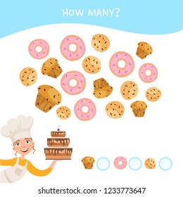 Counting educational children game, math kids activity sheet. How many objects task. Cartoon cute girl with cake..