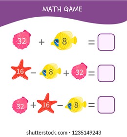 Counting educational children game, math kids activity sheet. Cartoon sea animals.