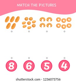 Counting educational children game, math kids activity sheet. How many objects task. Cartoon bread.
