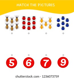 Counting educational children game, math kids activity sheet. How many objects task. Cartoon beetles.