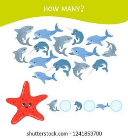 Counting Educational Children Game, Math Kids Activity Sheet. How Many Objects Task. Cartoon Sea Animals.