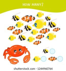 Counting educational children game, math kids activity sheet. How many objects task. Cartoon sea animals.