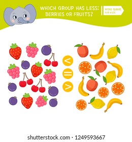 Counting educational children game, math kids activity sheet. How many objects task. Cartoon berries and fruits.