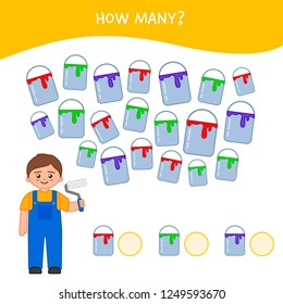 Counting educational children game, math kids activity sheet. How many objects task. Cartoon house painter and paint cans.