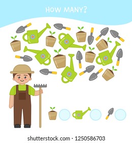 Counting Educational Children Game, Math Kids Activity Sheet. How Many Objects Task. Cartoon Gardener And Equipment.