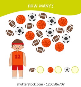 Counting educational children game, math kids activity sheet. How many objects task. Cartoon basketball player and balls.