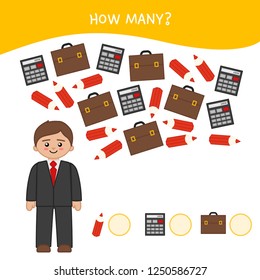 Counting educational children game, math kids activity sheet. How many objects task. Cartoon businessman.