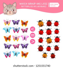 Counting educational children game, math kids activity sheet. How many objects task. Cartoon butterfly and ladybug.