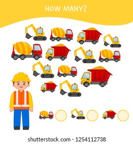 Counting educational children game, math kids activity sheet. How many objects task. Cartoon worker and trucks.