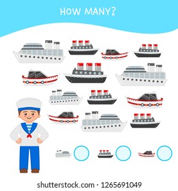 Counting educational children game, math kids activity sheet. How many objects task. Cartoon sailor and boat.