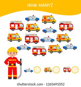 Counting Educational Children Game, Math Kids Activity Sheet. How Many Objects Task. Cartoon Fireman And Cars.