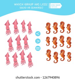 Counting educational children game, math kids activity sheet. How many objects. Cartoon sea animals..