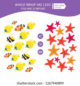 Counting educational children game, math kids activity sheet. How many objects. Cartoon sea animals..