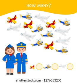 Counting educational children game, math kids activity sheet. How many objects task. Cartoon profession.