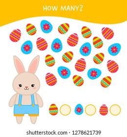 Counting educational children game, math kids activity sheet. How many objects task. Help the rabbit count Easter eggs.
