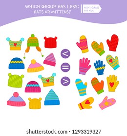 Counting educational children game, math kids activity sheet. Cartoon hats amd mittens.