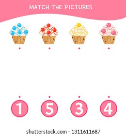 Counting educational children game, math kids activity sheet.  Match the pictures. Cartoon cakes.