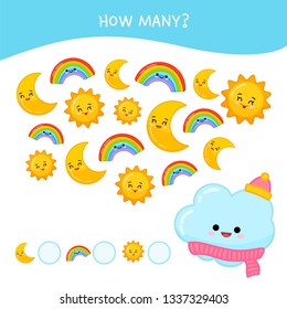 Counting educational children game, math kids activity sheet. How many objects task. Cartoon cute sun, cloud, moon, rainbow.