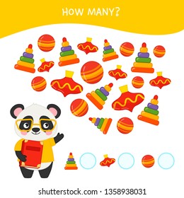 Counting educational children game, math kids activity sheet. How many objects task. Illustration of cute cartoon panda.