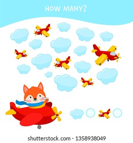 Counting educational children game, math kids activity sheet. How many objects task. Illustration of cute cartoon fox.