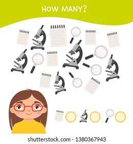 Counting educational children game, math kids activity sheet. How many objects task. Vector illustration cute child. School objects.