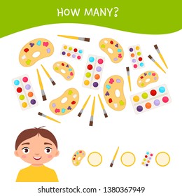 Counting educational children game, math kids activity sheet. How many objects task. Vector illustration cute child. School objects.
