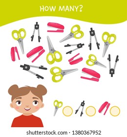 Counting educational children game, math kids activity sheet. How many objects task. Vector illustration cute child. School objects.