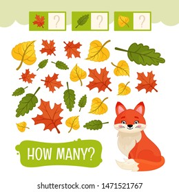 Counting educational children game, math kids activity sheet. How many objects task. Forest animals.