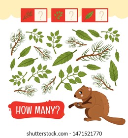 Counting educational children game, math kids activity sheet. How many objects task. Forest animals.