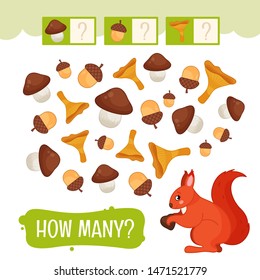 Counting educational children game, math kids activity sheet. How many objects task. Forest animals.