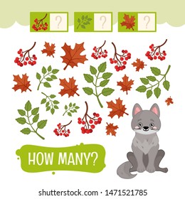 Counting educational children game, math kids activity sheet. How many objects task. Forest animals.