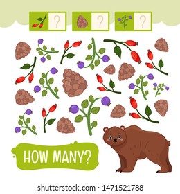 Counting educational children game, math kids activity sheet. How many objects task. Forest animals.
