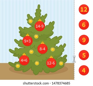 Counting Educational Children Game, Math Kids Activity Sheet. Cartoon Christmas Tree.