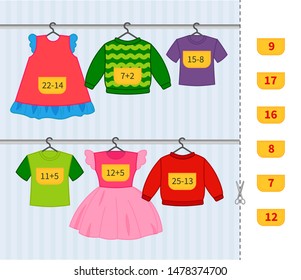 Counting Educational Children Game, Math Kids Activity Sheet. Cartoon Clothes In The Wardrobe.