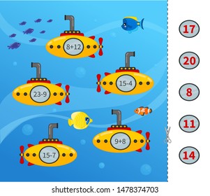 Counting educational children game, math kids activity sheet. Cartoon submarines.