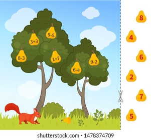 Counting educational children game, math kids activity sheet. Cartoon pear tree.