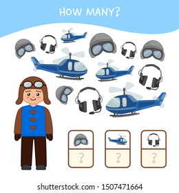 Counting educational children game, math kids activity sheet. How many objects task. Cartoon pilot and equipment