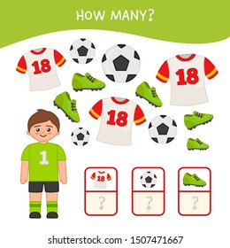 Counting educational children game, math kids activity sheet. How many objects task. Cartoon soccer player
and equipment