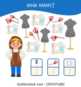 Counting educational children game, math kids activity sheet. How many objects task. Cartoon seamstress and equipment
