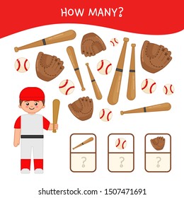Counting educational children game, math kids activity sheet. How many objects task. Cartoon baseball player
 and equipment