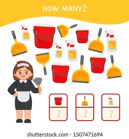 Counting educational children game, math kids activity sheet. How many objects task. Cartoon maid and equipment