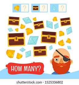 Counting educational children game, math kids activity sheet. How many objects task. Pirates collection. Cartoon illustration of cute pirate.