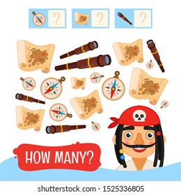 Counting educational children game, math kids activity sheet. How many objects task. Pirates collection. Cartoon illustration of cute pirate.