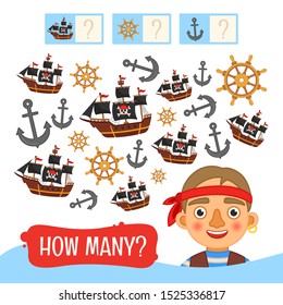 Counting educational children game, math kids activity sheet. How many objects task. Pirates collection. Cartoon illustration of cute pirate.