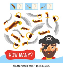 Counting educational children game, math kids activity sheet. How many objects task. Pirates collection. Cartoon illustration of cute pirate.