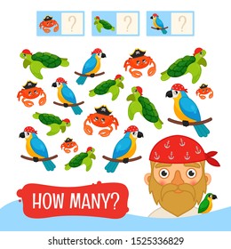 Counting educational children game, math kids activity sheet. How many objects task. Pirates collection. Cartoon illustration of cute pirate.