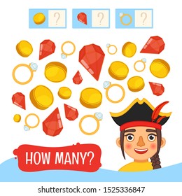 Counting educational children game, math kids activity sheet. How many objects task. Pirates collection. Cartoon illustration of cute pirate.